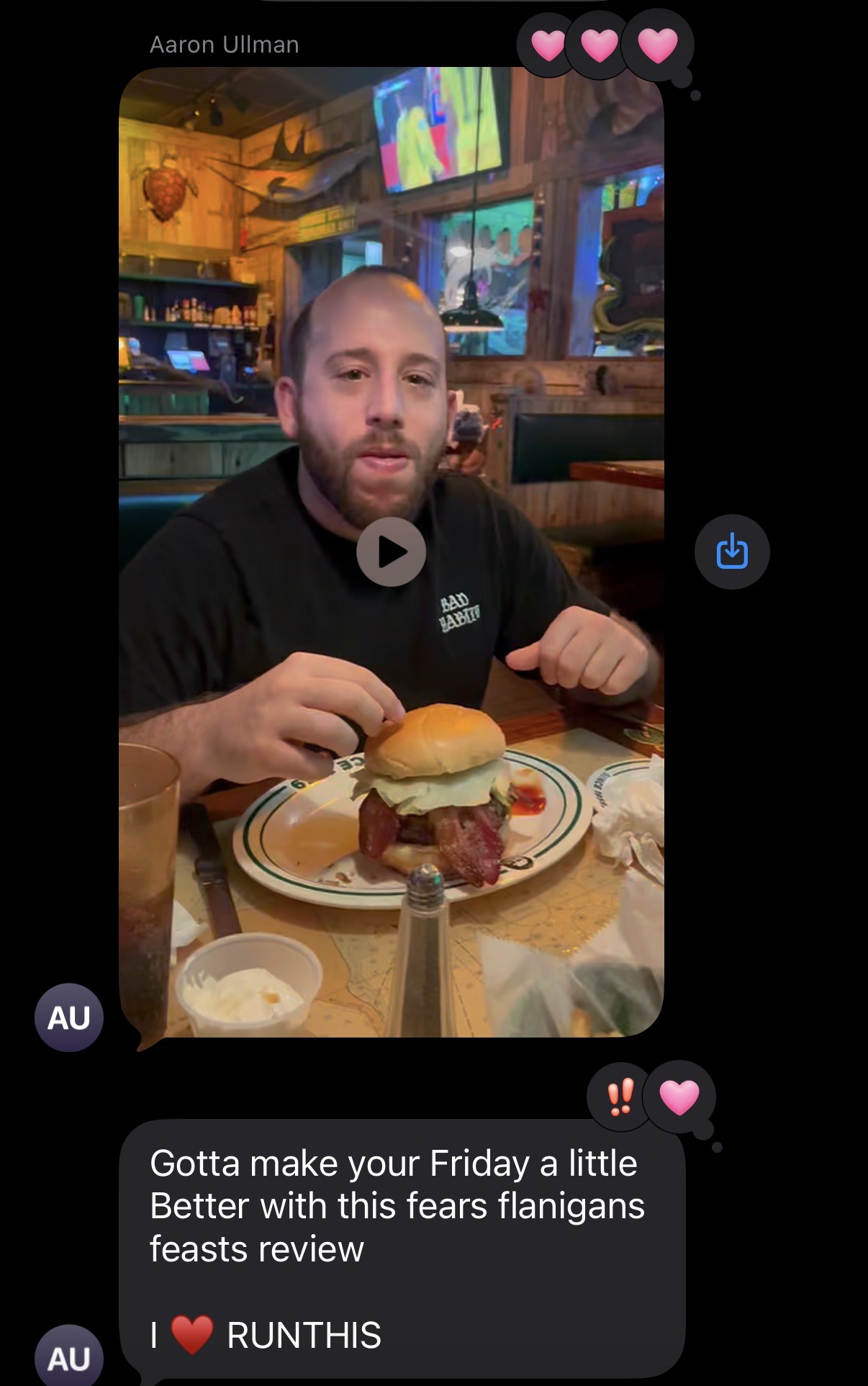 Group chat screenshot sharing the winner's Flanigan's video and message