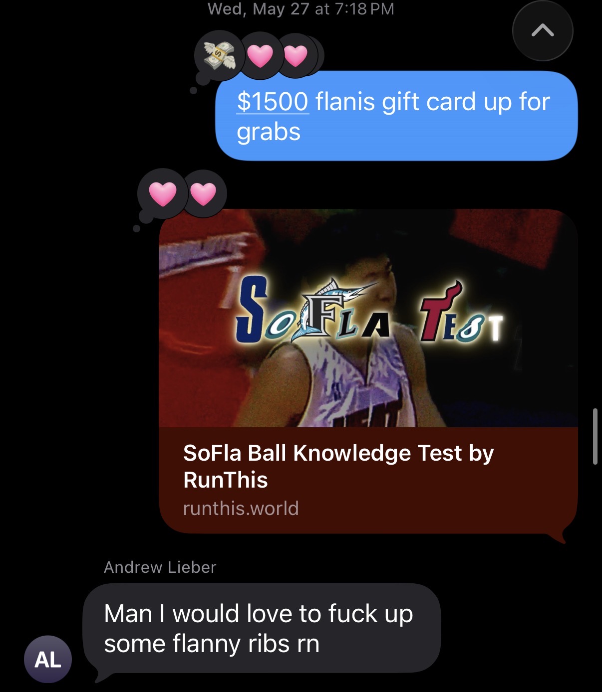 Group chat sharing the SoFla Ball Knowledge Test and $1500 prize