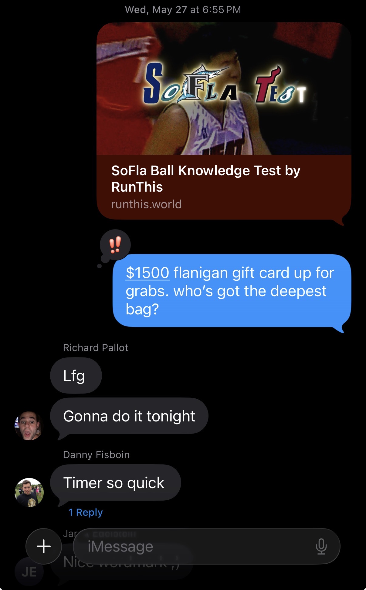 Group chat reacting to the SoFla Ball Knowledge Test