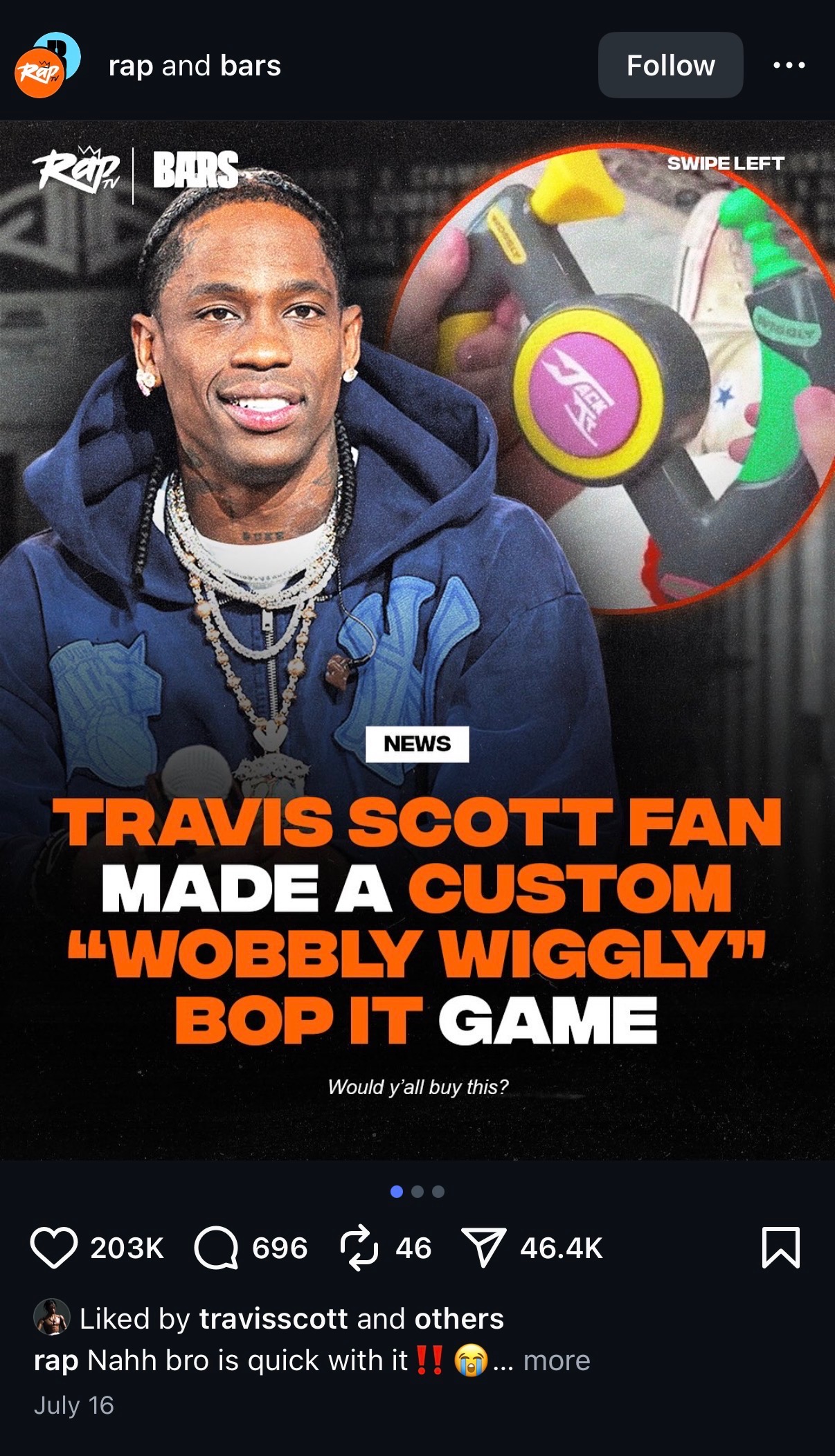 RapTV Instagram post — 203K likes, liked by Travis Scott