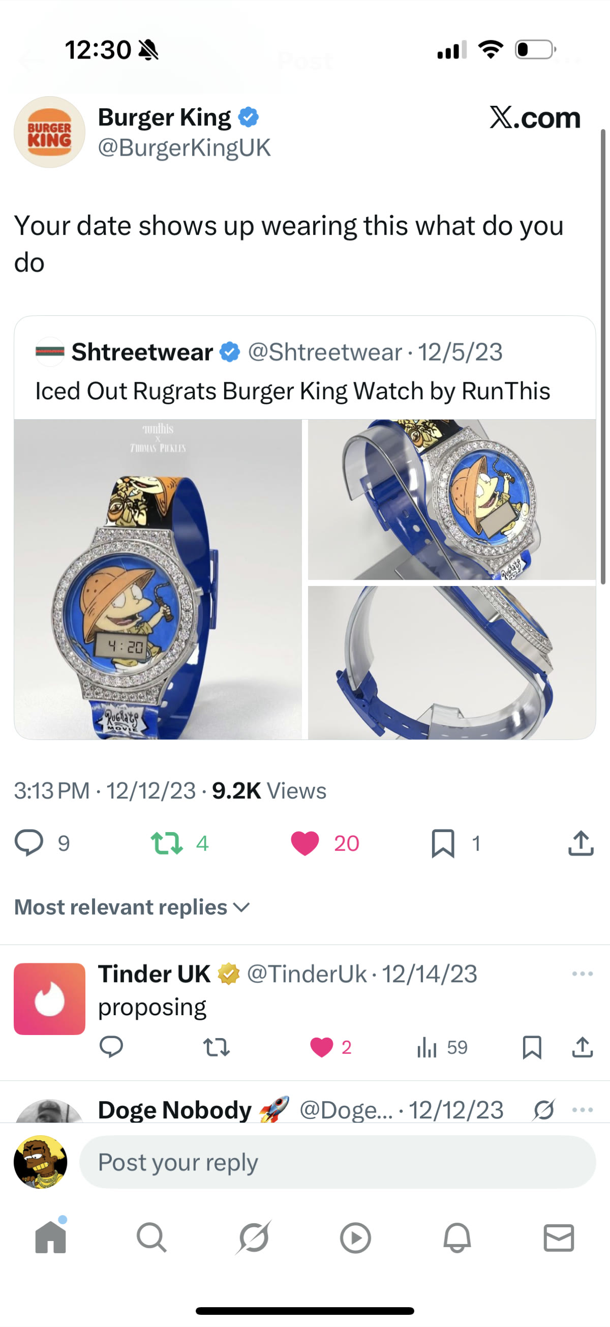 Burger King UK quote-tweeting the Thomas Pickles Luxury Timepiece