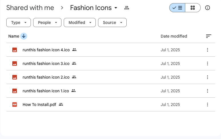 Google Drive folder containing the Fashion Icons .ico files and installation guide
